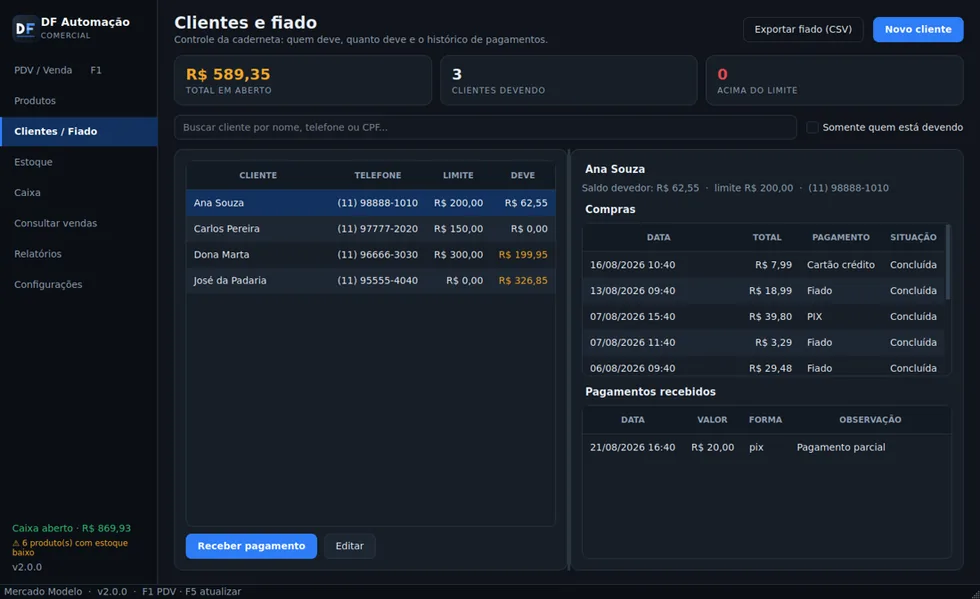 Tela de clientes e controle de fiado